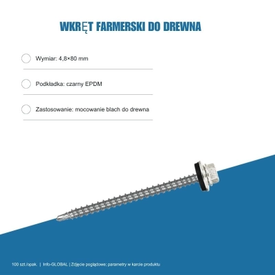 Wkręty farmerskie do blachy 4,8x80 mm do drewna – 100 szt., kolor do wyboru